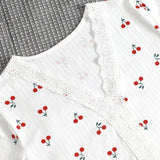 Women's V-Neck Lace Cherry Blossom Pajama Set, Soft Comfortable 2-Piece Loungewear Sleepwear for Spring and Summer