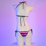 PU Leather Micro Bikini Set Women Swimsuit Japanese Kawaii Stripes Bra Set Sexy Lingerie Underwear Summer Swimwear Costume