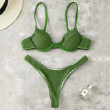 Wrinkled Underwired V-Bar Bikini Swimsuit Female Swimwear Women Two-pieces Bikini set High Cut Bather Bathing Suit Swim Lady