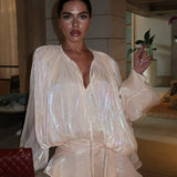 Fashion Solid Mesh Long Sleeved Backless Pleated Prom Dresses Chic Ruffle Bow Lace Up Women Mini Dresses Lady Spring Party Robe