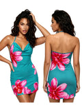Retro Style Women's Floral Halter Dress Summer Backless Sleeveless Low Cut Bodycon Mini Dress Party Beach Vacation