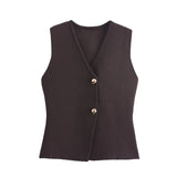 Foridol Gold Button Knitted Tank Top Women Autumn Winter Burgundy Short Vest Sleeveless V Neck Chic New Fashion Tops