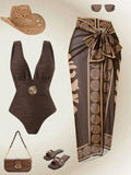 Vintage Green Deep V Neck One Piece Swimsuit 2025 Women Sexy Mesh Long Skirt Swimwear Set Beach Bathing Suit Holiday Monokini