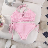 DEKA Retro Women Bikini Denim Suits Summer Halter Camis+ Mini Pant Lingerie Fashion Vacation Swimsuits Sexy Bra&Briefs Sets