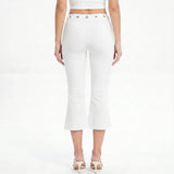 Womens Summer Cropped Pants Mid Rise Flare Trousers Stylish Casual Leg Pants with Silver Eyelet Capris