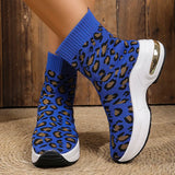 Fashion Leopard Print Platform Ankle Boots Women Comfy Slip On Breathable Knitted Boots Woman Plus Size 35-43 Wedges Short Boots