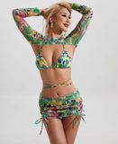 Long Sleeve Printed Halter Bikini Female Swimsuit Women Swimwear Four-pieces Bikini Set with Mesh Skirt Bathing Suit Beach Wear