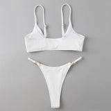 Sexy Ribbed Metal Rings High Cut Bikini Female Swimsuit Women Swimwear Two-pieces Bikini Set Micro Thong Bathing Suit Swim Lady
