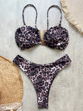 Sexy women's triangle leopard print bikini 2-piece set metal V decoration summer beach split swimsuit