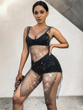 2026 New Fishnet Long Dress V-neck Mesh Sparkling Rhinestone Crystal Swimsuit Bikini Cover Up Beach Bathing Suit Women Cover Ups