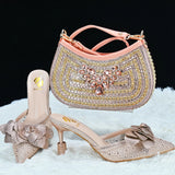 Doershow New Arrival African Wedding Shoes and Bag Set peach Color Italian Shoes with Matching Bags Nigerian lady party  HTG1-6