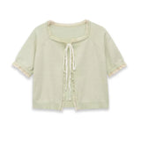 Women's Fashion Short Sleeve Round Neck Bow Lace Knit Solid Color Light Green Lace Trim Front Short Sleeve Knit Casual Top MDTM