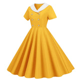 1950s Vintage 50s A-Line Evening Dress Short Sleeves V Neck Button High Waist Dresses Women's Prom Party Midi Dress Vestidos