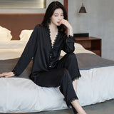 Spring and summer ice silk pajamas sexy lace long-sleeved cardigan home wear set