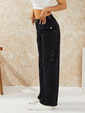 Women Solid Color Loose Cargo Pants Zipper Button Closure Casual Street Trousers with Pockets Black/Khaki/Wine red/Army Green