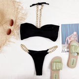 Women Swimwear Metal Chain Halter Ribbed Bikini Female Swimsuit Two-Pieces Bikini Set High Cut Bather Bathing Suit Swim V2989