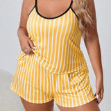 Plus Size Striped Women Pajama Set Sleeveless O Neck Top & Elastic Waist Shorts Heart Print 2 Pieces Female Sleepwear Nightwear
