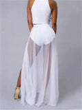 Womens Mesh Beach Wrap Skirt Bikini Cover-Ups High Waist See Through Slit Long Skirts Sexy Club Cover-ups