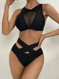 Sexy Mesh Sheer Hollow Out Bikini Female Swimsuit Women Swimwear Two-pieces Bikini Set See Through Bather Bathing Suit Swim Lady