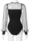 Women Pearl Mesh Puff Sleeve Bodysuit 2024 Fashion Long Sleeve Vintage Body Top Summer Fall Elegant Sexy Blouse Shirts Female