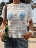 FDYOUI Casual O-neck Short Sleeve Knitted T-shirts Women Summer Sexy Hollow Out Ruched White Tops Female Beach Holiday Tee Shirt