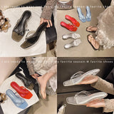2026 Summer Jelly Shoes Women Fashion Sandals Low Heel Square Toe Girls Street Flip Flops Transparent Color Female Slippers