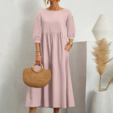 Womens Casual Summer Cotton Dress With Pockets 3/4 Sleeve Loose Midi Shirt Dress Women Dresses With Short Sleeves Vestidos