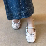 French Single Shoes Women Spring Summer Cutout Woven Square Toe Kitten Heel Block Heel Off-White Sandals