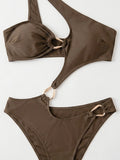 Sexy One Shoulder Swimwear Women Coffee Metal Buckle Hollow Out Backless Thong Bikini Summer Bathing Suit One Piece Swimsuit