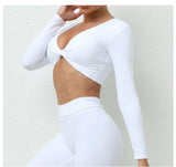 Long Sleeve Gym Crop Tops for Women Twist Deep V Workout Quick Dry Padded Sports Fitness Yoga T-Shirt
