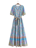 Foridol Single Breasted Bohemian Holiday Summer Women Dress Belt Casual Loose Maxi Floral Dress Short Sleeve Long Viscose Dress