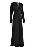 Ahagaga Fashion Sexy Elegant Maxi Dresses Streetwear V-neck Casual Solid High Split Long Sleeve Slim Sheath Party Women Vestidos