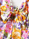 V Neck Bowknot Floral Print Boho Summer New Dress for Women Adjustable Strap Lace Patchwork Sundress Beach Casual Short Dress