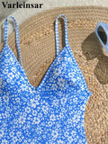 S - XL Flower Floral V Neck One Piece Swimsuit Women Swimwear Female Monikini High Cut Leg Padded Bather Bathing Suit Swim V8079