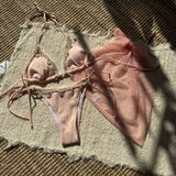 With Mesh Sarong Wrinkled Halter Shell Bikini Female Swimsuit Women Swimwear Three-pieces Bikini Set Bathing Suit Swim Beachwear