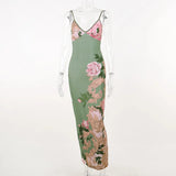 Floral Print Summer Green Dress Womens Fashion Casual Sleeveless V-neck Backless Tunics Bodycon Holiday Beach Dresses Streetwear