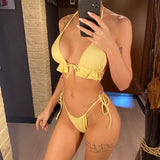 New With Sarong Halter Ruffled Bikini Women Swimwear Female Swimsuit Three-pieces Bikini Set Bather Bathing Suit Swim Lady V4144