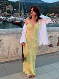 Sexy Elegant Flower Print Slim Long Dresses Women V-neck Low Cut Leace-up Backless Package Hip Bodycon Sleeveless Dress Female
