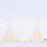 Fashion Casual Hollow-out Knitwear Women Cream White Crochet Knit V Neck Button Front Ruffle Hem Sleeveless Casual Crop Top 38V2