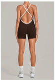 New Tight One-piece Yoga Suit Women Color Contrast Splicing Hollow Back Cross Sports Jumpsuit Outwear Slimming Fitness Bodysuits
