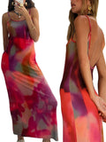Summer Tie-Dye Floral Print Backless Party Dress Women Sleeveless Spaghetti Strap Sexy Bodycon Dress for Vacation Cocktail Beach