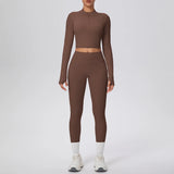 New Women Yoga Set Solid Color Double-Sided Brushed Bare Feel Short Long-Sleeve Jacket Tight Pants Running Fitness 2-Piece Set