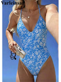 S - XL Flower Floral V Neck One Piece Swimsuit Women Swimwear Female Monikini High Cut Leg Padded Bather Bathing Suit Swim V8079