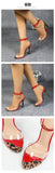 Women's Butterfly Decorated Rhinestone Cross-back Platform Toe-up Chunky Heel Sandals, Red Leopard Print