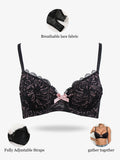 Floral Lace Push Up Women Bra Sexy Deep V Breathable Mesh Everyday Lingerie Thin Cup Adjustable Straps Underwire Bra