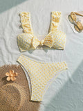 sexy yellow patchwork wrinkled bow ruffles bikinis sets two pieces women thong swimsuit female bathing suit swimwear biquini