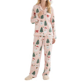 Women's 2025 Christmas Pajama Set Long Sleeve Lapel Santa Claus Christmas Tree Print Shirt Pants Two Pieces Sleepwear