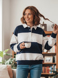 Women Long Sleeve Spring Fall Lapel Collar T-shirts Striped Contrast Color Loose Pullovers Streetwear Tops