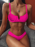 Sexy Ribbed Underwired V-bar Bikini Women Swimsuit Female Swimwear Two-pieces Bikini Set High Cut Bathing Suit Swim Beach Wear