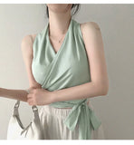 Women Blouses Slim Fit V-neck Lace Up Open Stitch Versatile Sleeveless Top For Female Chiffon Tops Summer Fashion PPAY
